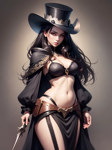 1woman, beautiful face, black hair, long hair, gunslinger, wild west, dark cloak, black bodice, long black skirt, wearing a wide-brimmed top hat, medium breast, slim waist, wide hips, holding a revolver, belly covered, background wild western town