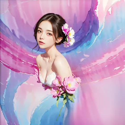 1girl,flower, Lisianthus ,in the style of light pink and light azure, dreamy and romantic compositions, pale pink, ethereal foliage, playful arrangements,fantasy, high contrast, ink strokes, explosions, over exposure, purple and red tone impression , abstr...