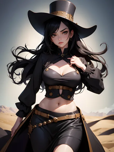 1woman, beautiful face, black hair, long hair, gunslinger, wild west, dark cloak, black bodice, long black skirt, wearing a wide-brimmed top hat, medium breast, slim waist, wide hips, holding a revolver, belly covered, background sunny desert