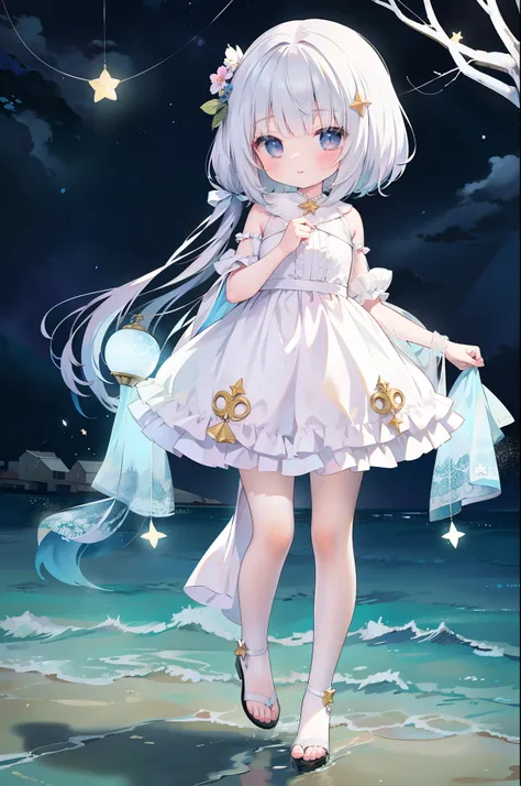 the little girl in beautiful clothes is cute，holding a glowing star by the sea，full body photo