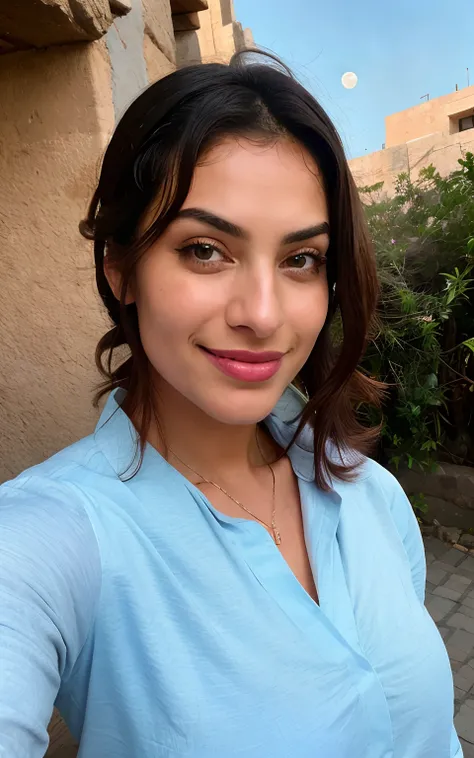 1 Arab woman ((upper body selfie, smiling)), masterpiece, best quality, ultra-detailed, restaurant, (noirte), nature, cheerful, looking at the moon, happy, backpack, light blue closed-sleeved shirt, shadows, contrast, clear sky, style, (warm hue, warm tone...