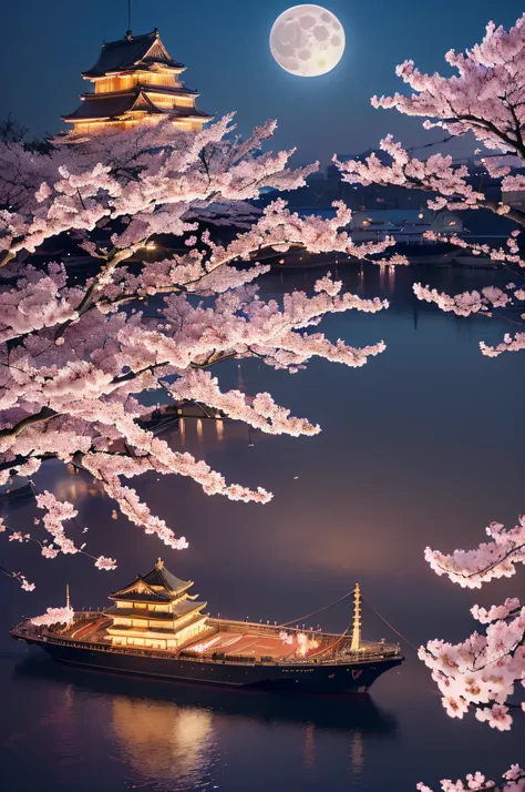 absurdres,highres,ultra detailed,(Precise and unmatched illustrations:1.3),(Illuminated nighttime cherry blossoms:1.3),(A Japanese castle is built on top of the ship:1.4),Moving Japanese Castles,(water transportation:1.2),(full moon:1.3),(Autumn leaves and...