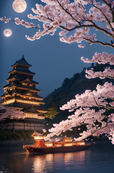 absurdres,highres,ultra detailed,(Precise and unmatched illustrations:1.3),(Illuminated nighttime cherry blossoms:1.3),(A Japanese castle is built on top of the ship:1.4),Moving Japanese Castles,(water transportation:1.2),(full moon:1.3),(Autumn leaves and...