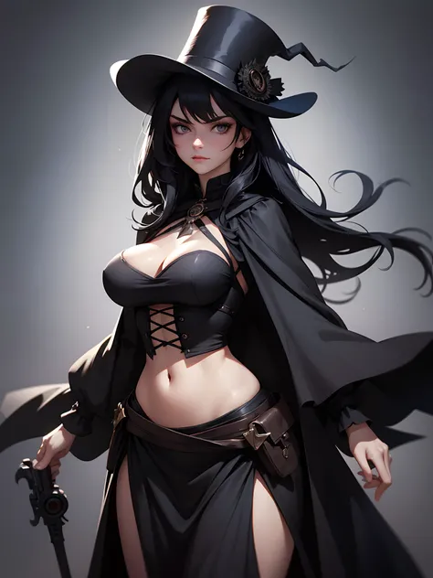 1woman, beautiful face, mysterious atmosphere, dark atmosphere, mean expression, black hair, long hair, gunslinger, wild west, dark cloak, black bodice, long black skirt, wearing a wide-brimmed top hat, medium breast, slim waist, wide hips, holding a revol...