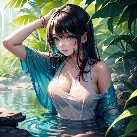 masterpiece, best quality, casual outfit, colorful hair, outdoor,upper body, colorful summer clothes, ((fully clothed)), warm clothes, wet clothes, soaked, drenched, excited, wet hair, wet and slimy, water up to her chest, submerged, translucent, fantasy e...