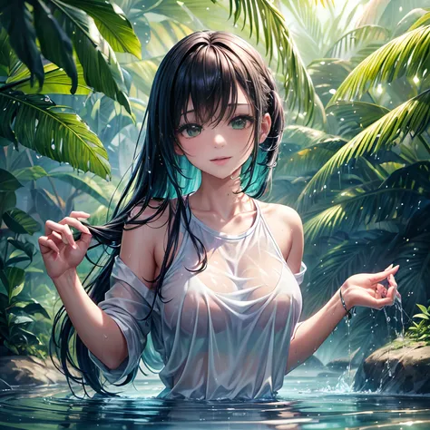 masterpiece, best quality, casual outfit, colorful hair, outdoor,upper body, colorful summer clothes, ((fully clothed)), warm clothes, wet clothes, soaked, drenched, excited, wet hair, wet and slimy, water up to her chest, submerged, translucent, fantasy e...