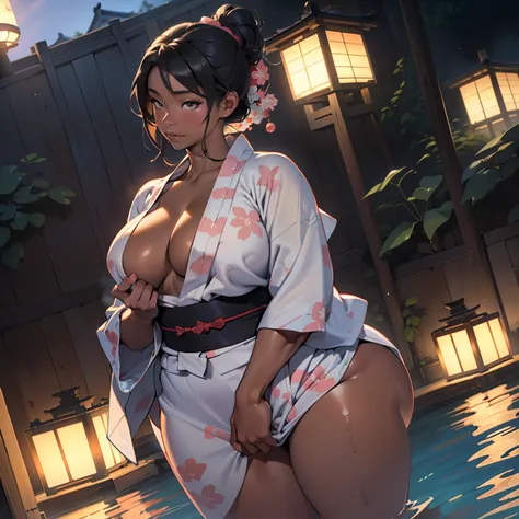 there is woman that is in onsen,(((A MILF: 1.4))), (Curvy:1.35),(((Dark skin))),Curvy physique,, Thick body，((big nipple)),((Completely naked)), (((pinching breasts under yukata))),((Transparent yukata)),(open legs),((pubic hair)), high-end onsen, Onsen, s...