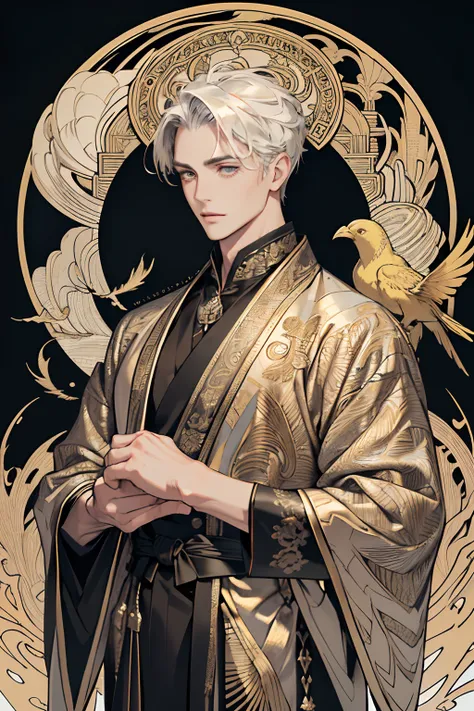 Realistic,  (巨作, Top  Quality, Best Quality, formal art, beautiful and aesthetic:1.2), A highly detailed,fractal art,Colored,highest details,zentangle,(abstract background:1.3)
(1boy:1.3), (Golden Birds),
silverhair, Shining eyes,hair slicked back, short h...