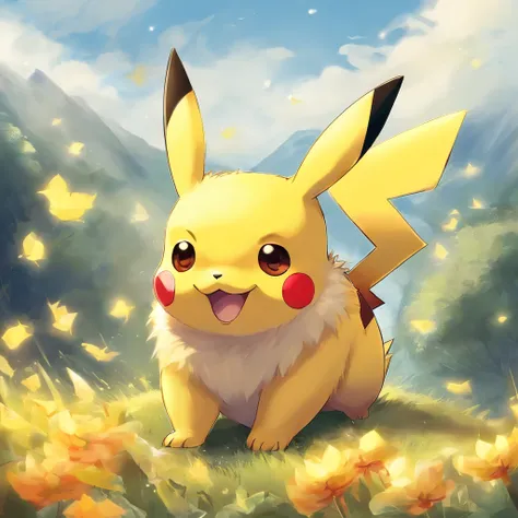 Pikachu is playful and cute，Lively and agile，Yellow soft hairs，Redfaced，sparkling big eyes，Cute little pointy ears。(Pikachu:1.5)