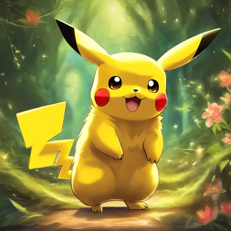 Pikachu movie poster，Lively and agile，Yellow soft hairs，Redfaced，sparkling big eyes，Cute little pointy ears。(Pikachu:1.5)