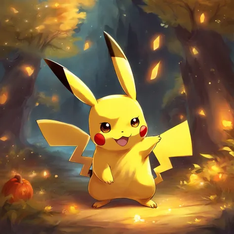 Pikachu playing for halloween，Lively and agile，Yellow soft hairs，Redfaced，sparkling big eyes，Cute little pointy ears。(Pikachu:1.5)