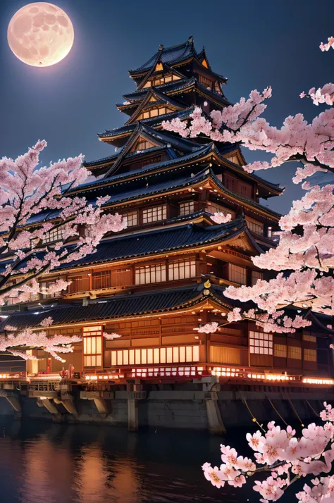 absurdres,highres,ultra detailed,(Precise and unmatched illustrations:1.3),(Illuminated nighttime cherry blossoms:1.3),(A Japanese castle is built on top of the ship:1.4),Moving Japanese Castles,(water transportation:1.2),(full moon:1.3),(Autumn leaves and...