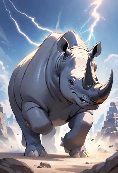 (best quality,4k,8k,highres,masterpiece:1.2),ultra-detailed,(realistic,photorealistic,photo-realistic:1.37),steel rhino with elephant tusks,rock powers,detailed muscles,shiny metallic texture,triumphant pose,glowing eyes,heavy footsteps,smoke and dust in t...