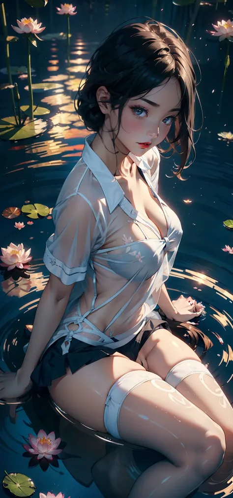 1female，45 yers old，Married Woman，熟妇，plumw，extremely large bosom， 独奏，（Background with：ponds，Cherry blossom forest，lotus flower）Lie on your back under water， She has short black hair，seen from the front，， mostly cloudy sky，（（（tmasterpiece），（Very detailed CG...