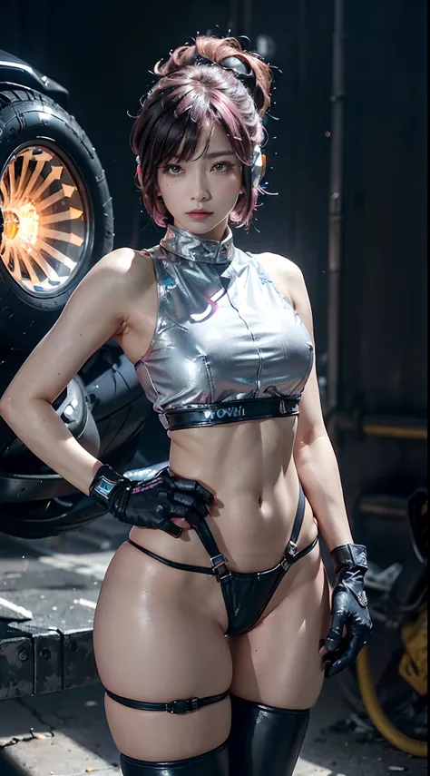 Top Quality, Ultra High Definition, (backlight), (Photorealistic: 1.4), (cowboy shot:1), 1 Beautiful Girl, (Kpop Idol), Detailed Face, (Hair Style: Pink:1, fullbang, shortbob-style:1), Contrapposto, Perfect Anatomy, Smooth Skin, Professional Lighting, ((we...