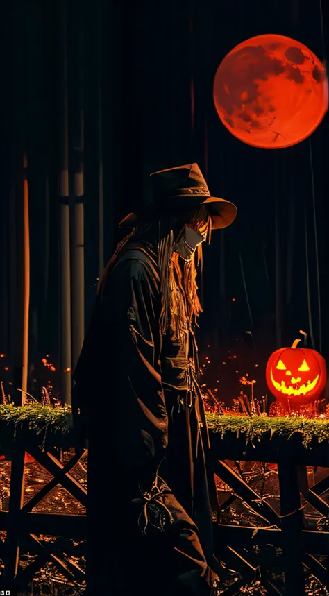 masterpiece: scarecrow, sinister Halloween night scene with a red moon, blood river and creepy trees, night, lightning pumpkins