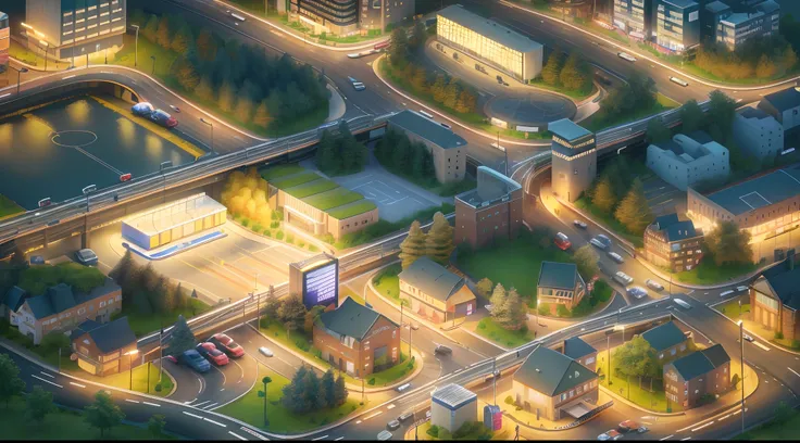 A city with an isometric view, metro train terminal with highway and cars in the background, street lights, stop signs, waiting area, a close up of a model of a town, metro train terminal with highway in the background, 3d, lowpoly, detailed