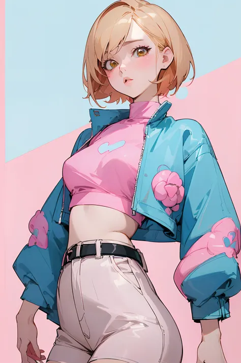 (masterpiece, best quality) detailed, 1character , blue archive art style , wearing a baby blue jacket, a pink belt , inspired c...