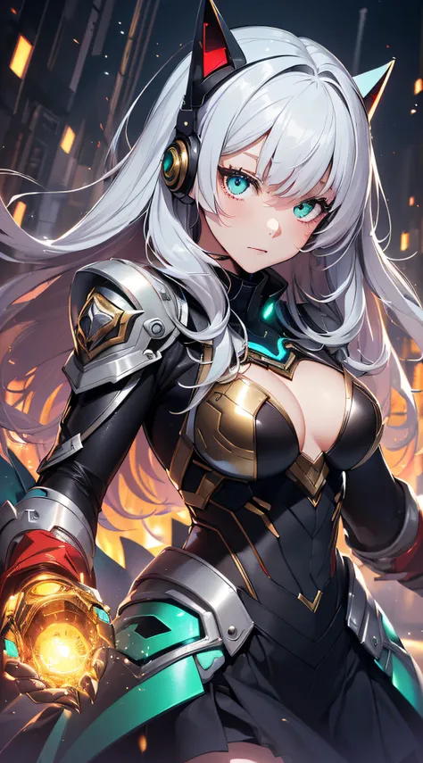 top-quality、Top image quality、​masterpiece、Android Girl((sixteen years old、 A black,and a red and white glowing cybersuit、Blue energy source for the chest,Best Bust、Bust 90、Gold and silver long hair、Cyber Skirt、Blue-green eyes、open chest wide、Valley、Happin...