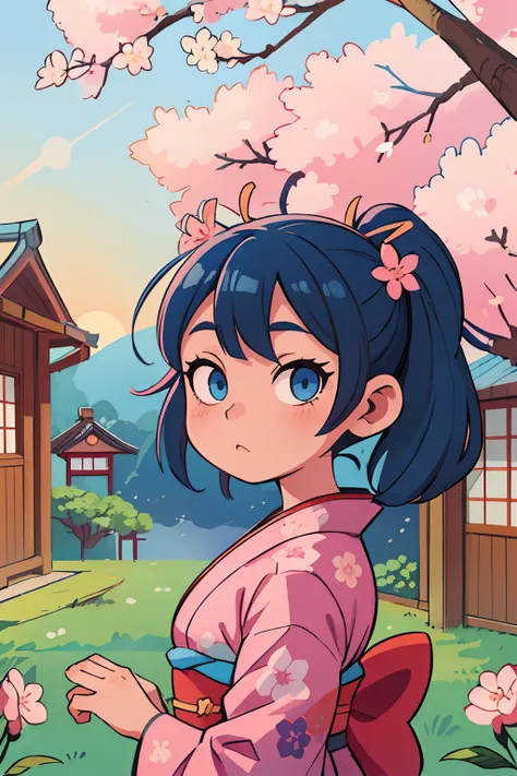 (girl,blue hair, twintail,hair,sky-blue eyes,kimono with cherry blossom pattern,2 Japanese houses,flowering cherry tree,sunset),traditional Japanese painting,ultra-detailed,highres,vivid colors,soft lighting