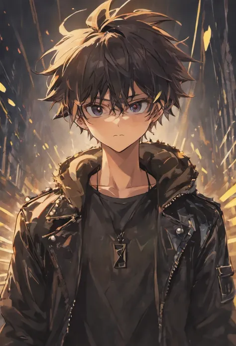 Create an anime guy with spiky black hair, wearing a leather jacket and sunglasses.