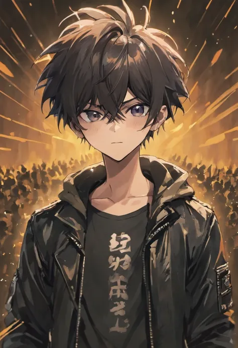 Create an anime guy with spiky black hair, wearing a leather jacket and sunglasses.