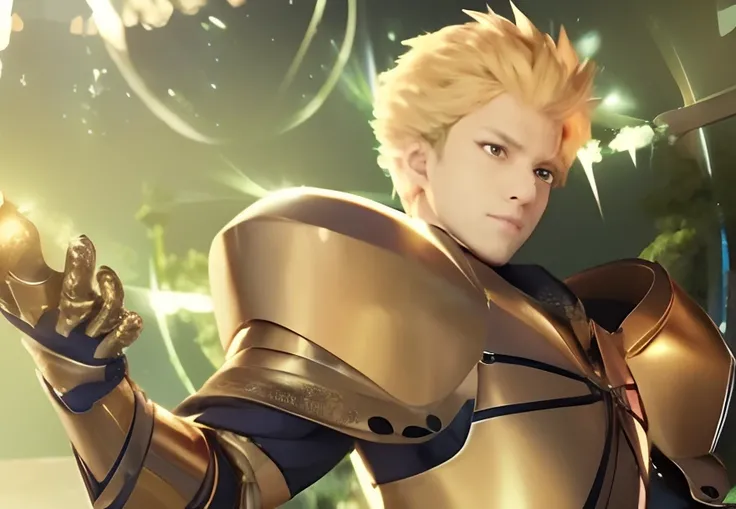 top-quality, 8K, ultra-detailliert, Photorealsitic, , shinny skin, brilliance, Fate, gilgamesh, The whole body is wrapped in golden armor, Shoulder Armor Large, Upper body, Flame background