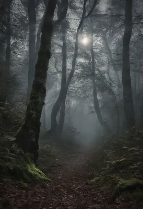 dunkler mystischer Wald, somber mood, neblig, schatten, mond