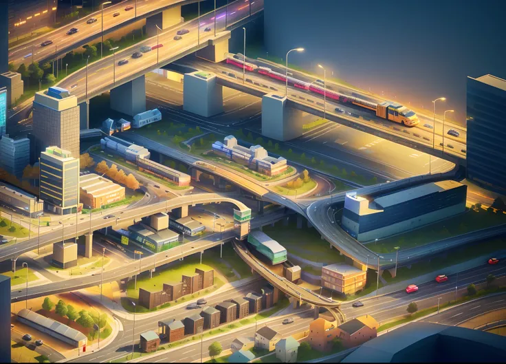 A city with an isometric view, metro train terminal with highway and cars in the background, street lights, stop signs, waiting area, a close up of a model of a town, metro train terminal with highway in the background, 3d, lowpoly, detailed, highways, met...