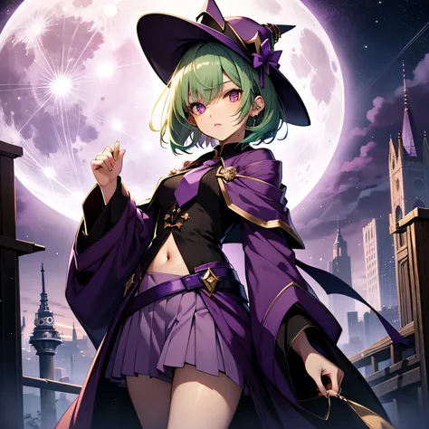 top-quality、extremely delicate and beautiful、(A teenage girl)、Purple Eye、Green hair、short-haired、(Purple pointy hat)、Purple tie、Soio、shortsleeves、Purple skirt、Purple Wizard Robe、Navel、is standing、Full moon night on background