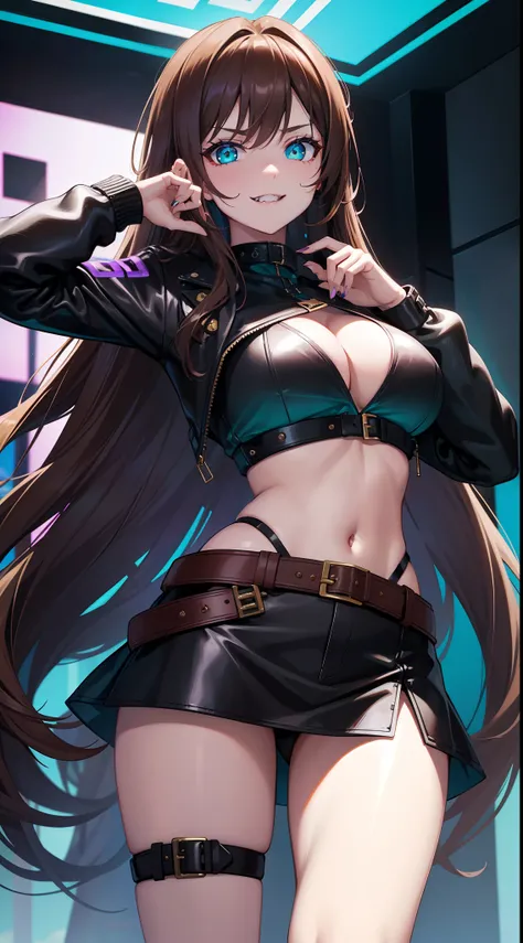 A  girl, Long brown hair, Heteroromy, left violet eye, Right Golden Eye, Turquoise cyberpunk top, leather jacket, upskirt, open belly, open breasts, large breasts, smirk, tooth, fangs, claws, hiquality, 4k, HD, Good detail