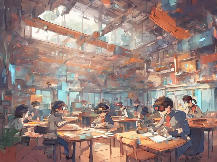 Photo shows students using virtual reality、AR Glasses，There are students who draw cartoon characters，Teacher teaches students to take pictures with their cameras，Some students draw with brushes，Some students explore the interior，Some students operate drone...