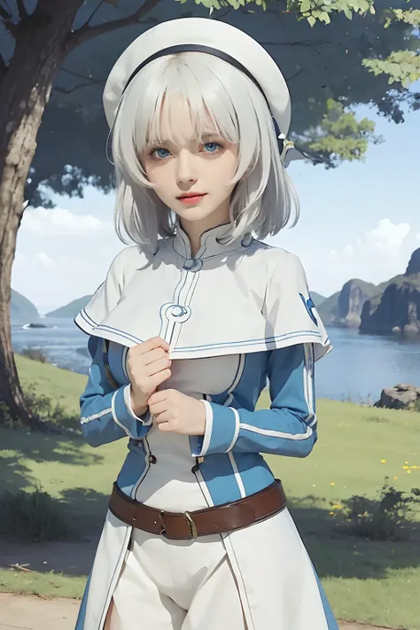 1girl,white hair,short hair,blue eyes,big breast,white and blue clothes,ultra detailed,realistic