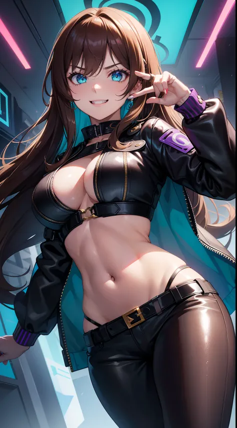 A  girl, Long brown hair, Heteroromy, left violet eye, Right Golden Eye, Turquoise cyberpunk top, leather jacket, upskirt, open belly, open breasts, large breasts, smirk, tooth, fangs, claws, hiquality, 4k, HD, Good detail