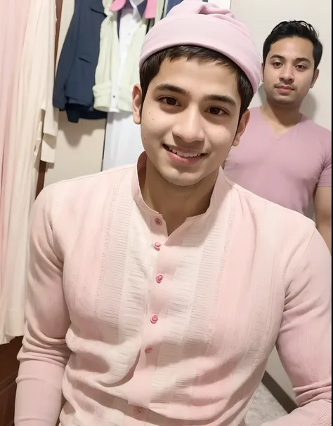 arafed man in a pink shirt standing in a hallway, very very low quality picture, with accurate face, with lovely look, with a beautifull smile, candid picture, ayan nag, around 1 9 years old, wearing a kurta, with kind face, friedly smile, riyahd cassiem, ...