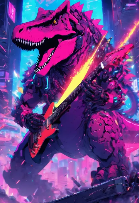 Mecha T-rex with punk outfit playing electric guitar, vibrant colors and dynamic lighting, rock concert atmosphere, detailed metallic body, sharp focus, high-resolution rendering, dystopian landscape, futuristic sci-fi style