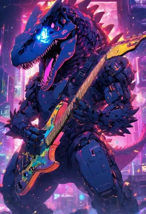 Mecha T-rex with punk outfit playing electric guitar, vibrant colors and dynamic lighting, rock concert atmosphere, detailed metallic body, sharp focus, high-resolution rendering, dystopian landscape, futuristic sci-fi style