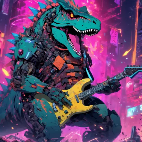 Mecha T-rex with punk outfit playing electric guitar, vibrant colors and dynamic lighting, rock concert atmosphere, detailed metallic body, sharp focus, high-resolution rendering, dystopian landscape, futuristic sci-fi style