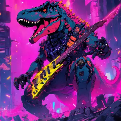 Mecha T-rex with punk outfit playing electric guitar, vibrant colors and dynamic lighting, rock concert atmosphere, detailed metallic body, sharp focus, high-resolution rendering, dystopian landscape, futuristic sci-fi style