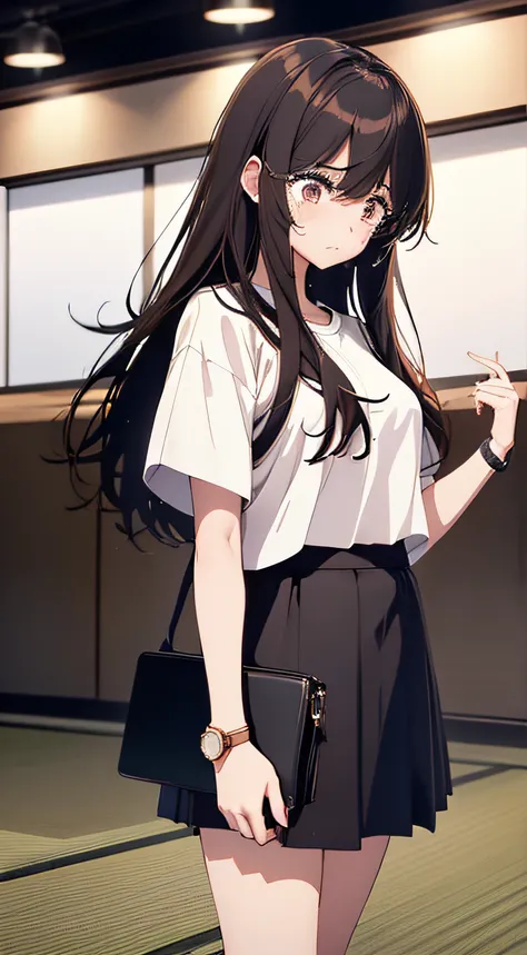 a japanese girl、25-years old、Simple white t-shirt with navel visible、Long black skirt with plaid pattern、Hairstyle is semi-long、Footsteps、Hair color is brown hair、White background、Crying girl、Brown watch on left wrist、Anime style