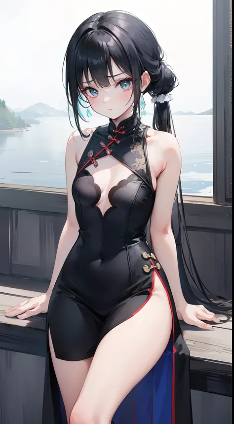 One Little Girl，Black double-height split split sleeveless tight transparent short cheongsam，Simple cheongsam，There are dragon patterns on the clothes，delicate adorable face，Shy face，Cyan eyes，Double ponytail hairstyle，White skin of the，4K，tmasterpiece，ray...