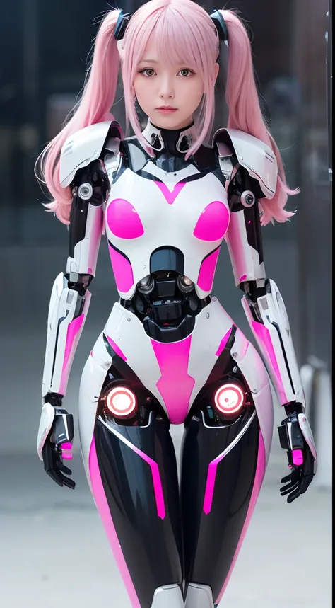 ((Robot Girl, mechs)), Glowing eyes, Delicate face, broken armor, Mechanical aura, Mechanical arm, Pink hair, Long hair, ceramic body, Thigh gap, tiny chest, cyber background, Akihabara, (translucent, reflection skin), 8K, Best Quality, Ultra-detailed, (su...