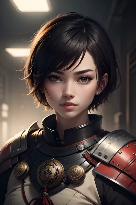 female short hair, portret, future, samurai, high quality, rich, space