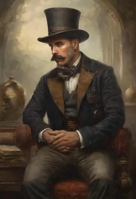 Steampunk man with a hat. homem maduro, sitting in a meditation position, diante de um orisonte lindo, com o sol se pondo, in connection with the divine, foto de retrato, Directed by: Drew Tucker, Directed by: Adam Marczyński, Directed by: Alexander Kuchar...