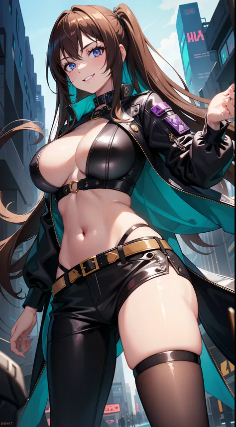 A  girl, Long brown hair, Heteroromy, left violet eye, Right Golden Eye, Turquoise cyberpunk top, leather jacket, Upskirt, open belly, open breasts, large breasts, smirk, tooth, fangs, claws, hiquality, 4k, HD, Good detail