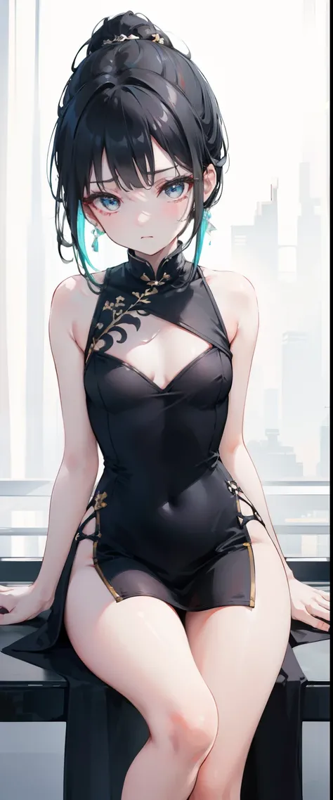 One Little Girl，Black double-height slit sleeveless, tight transparent short cheongsam，Simple cheongsam，There are dragon patterns on the clothes，delicate adorable face，Shy face，Cyan eyes，Double ponytail hairstyle，White skin of the，4K，tmasterpiece，rays of s...