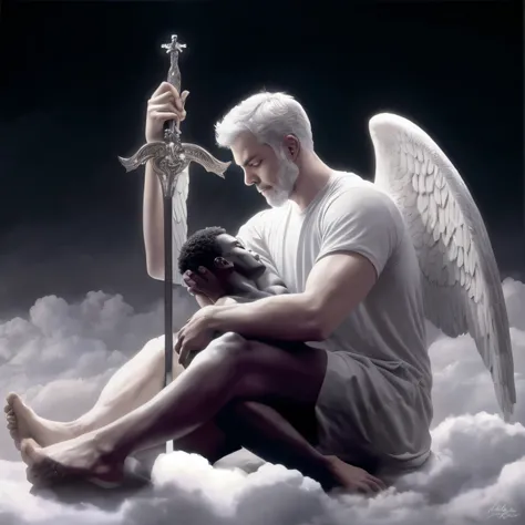 There is a man sitting on a cloud with a sword and a black man, anjo protegendo o homem, anjo assistindo homem negro de cabelo preto liso, anjo, angelic, heaven on earth, eros and thanatos, biblical accurate angel, beautiful angle, um anjo, Jovem Anjo Wan,...