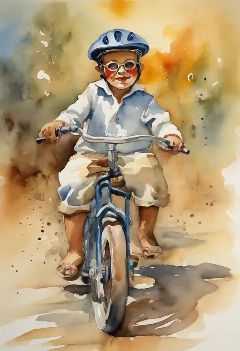 Salvadore Dali boy riding a bike wearing a hat and goggles