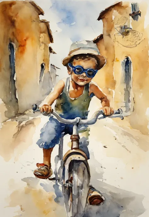 Salvadore Dali boy riding a bike wearing a hat and goggles