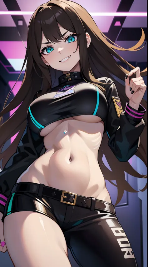 A  girl, Long brown hair, Heteroromy, left violet eye, Right Golden Eye, Turquoise cyberpunk top, leather jacket, Upskirt, open belly, open breasts, large breasts, smirk, tooth, fangs, claws, hiquality, 4k, HD, Good detail